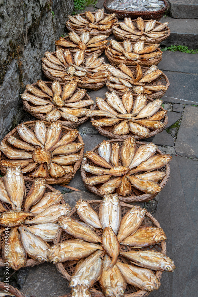 Dried fishes in  basket