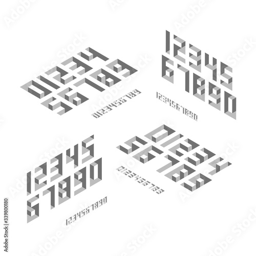 Set of basic numbers in isometric style with the effect of depth at different angles. Minimalistic flat design in shades of gray. 3D rendering.