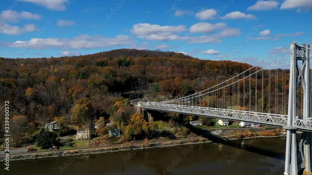 An aerial timelapse of the south side of the Mid-Hudson Bridge as the camera pans right & dolly out, viewing the Highland Landing on the west bank of the Hudson River, cars & trains on a sunny day.