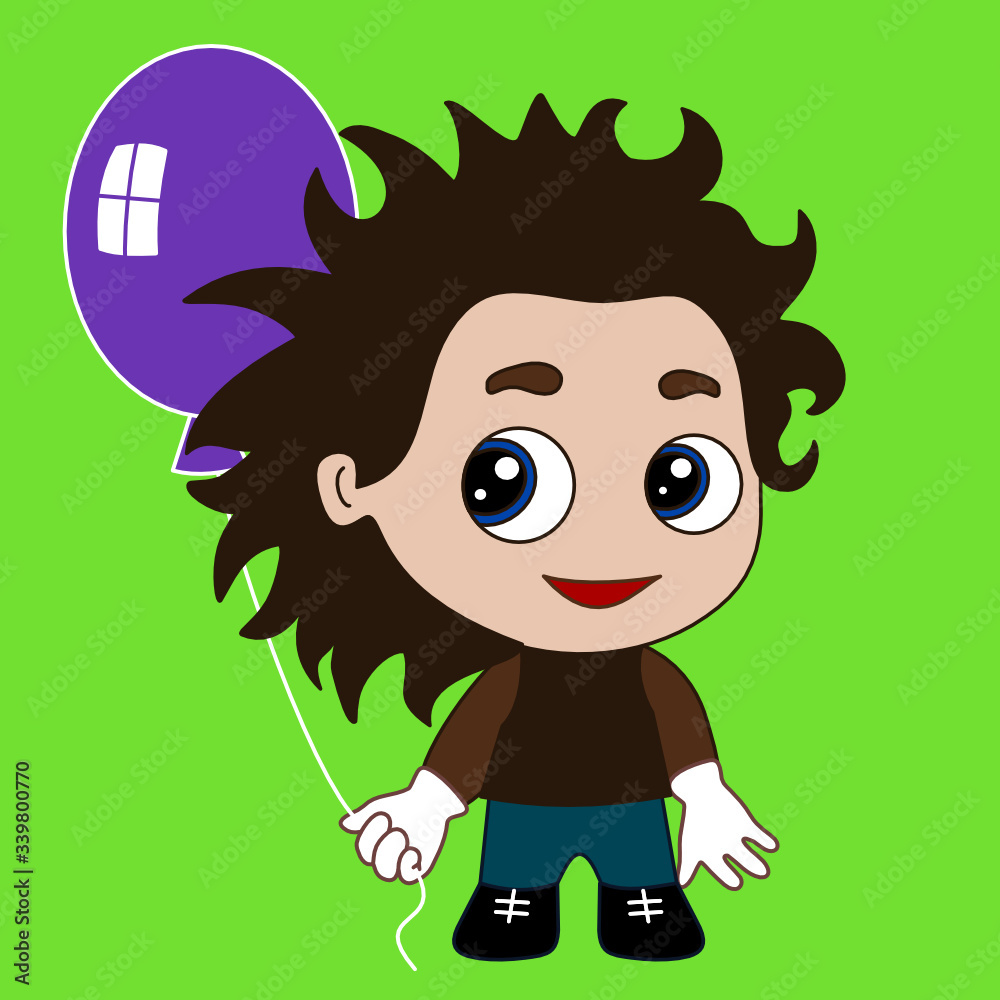 pretty chibi boy is standing, smiling and holding a balloon in his hand, color vector clip art on isolated background pretty chibi boy is standing, smiling and holding a balloon in his hand, color vector clip art on isolated background