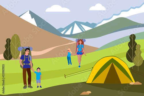 Vector template with tourists. A happy family goes hiking in the mountains. Hiking.