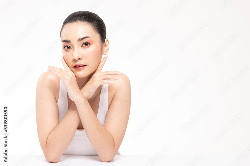 Beauty asian women touching soft cheek portrait face with natural skin and skin care healthy hair and skin close up face beauty portrait.Beauty Concept on white background. Beauty asian women touching soft cheek portrait face with natural skin and skin care healthy hair and skin close up face beauty portrait.Beauty Concept on white background.