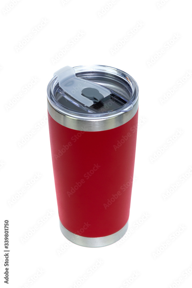 Red colour stainless steel tumbler or cold and hot storage cup isolated on white background. Red colour stainless steel tumbler or cold and hot storage cup isolated on white background.