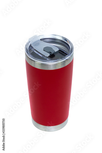 Red colour stainless steel tumbler or cold and hot storage cup isolated on white background.