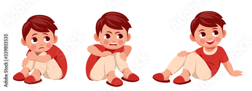 little cute boy sits on the floor angry, sad scared and sandwiched, relaxed interested and joyful smiles.