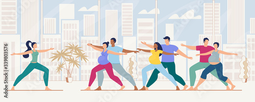 Pregnant Women with Husbands Doing Fitness Exercise in Pregnancy School, Future Parents Taking Part in Childbirth Waiting Courses, Seminar Trendy Flat Vector Illustration. Healthy Pregnancy Concept