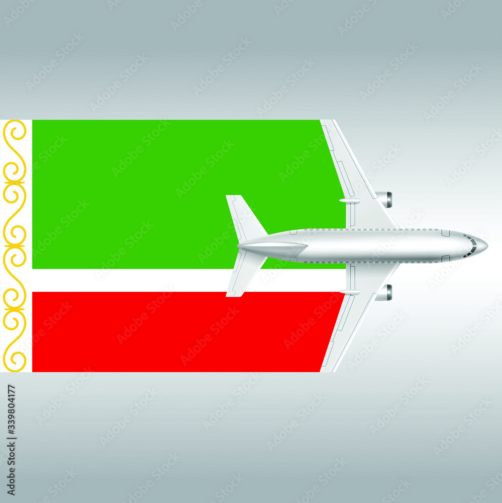 Plane and flag of Chechen Republic. Travel concept for design Plane and flag of Chechen Republic. Travel concept for design