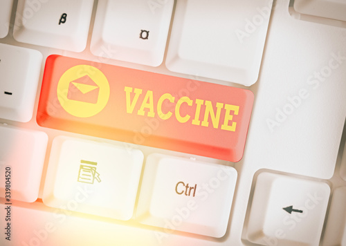 Word writing text Vaccine. Business photo showcasing preparation of killed microorganisms or living attenuated organisms photo