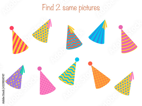 Find the same pictures - children educational game with different party hats. Vector illustration