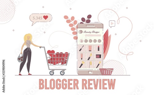 Woman Fashion and Style Blogger Beauty Products Review, Shopping Vlog Concept. Lady Carrying Shopping Trolley with Likes, Choosing, Buying Cosmetics in Online Store Trendy Flat Vector Illustration
