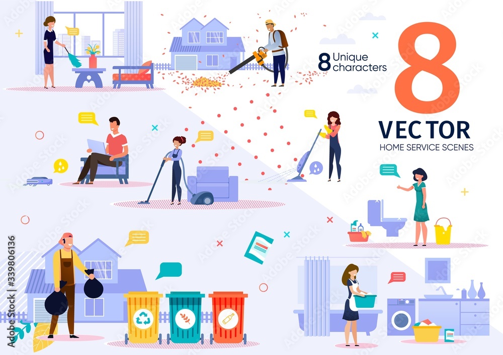 Home Cleaning Service Workers Activities and Routines Trendy Flat Vector Scenes Set. Female and Male Employees in Uniform Vacuuming Room, Washing Clothes, Sorting Waste, Moving Lawn Illustrations