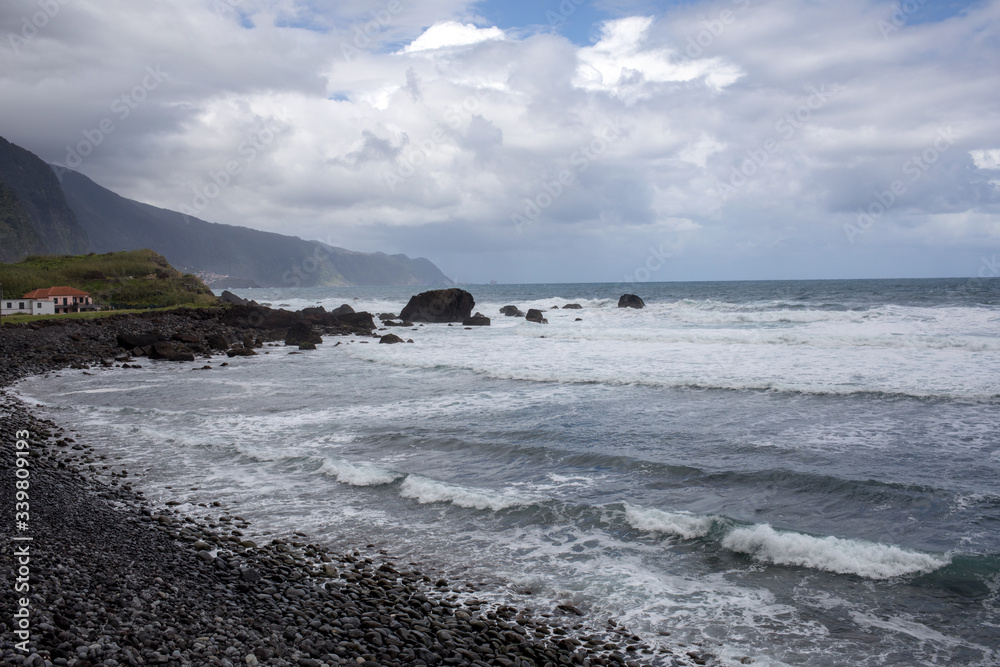 A rocky beach on the north coast of Madeira. Portugal