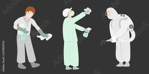 The male cleaning. wearing anti-virus suit and mask using alcohol.Spraying disinfectant ,corona virus, covid-19,vector illustration.