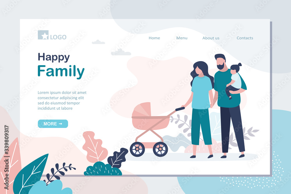 Happy family landing page template. Parents with daughter and baby stroller. Childhood concept web banner