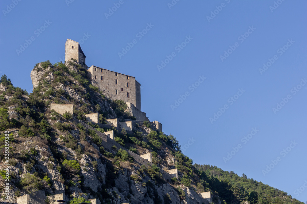 View of the fortress Vauban on top of a mountain in Entrevaux, France
