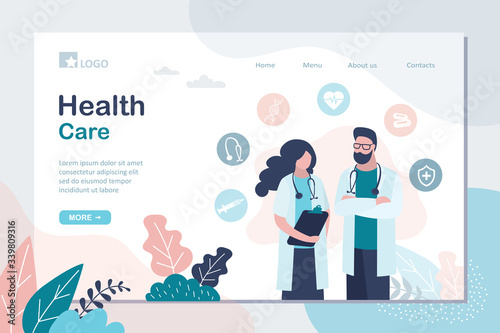 Health Care landing page template. Two doctors in uniform and medical icons. Specialist Colleagues posing.