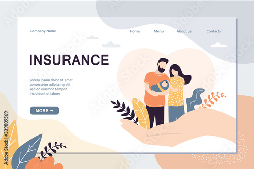 Insurance and healthcare landing page template. Big hands covering tiny people with newborn baby.