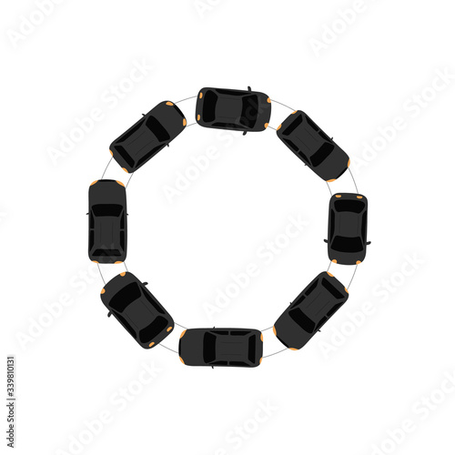 Round frame with cars driving in traffic jam and copy space inside. Top view on automobiles. Flat vector illustration for web design or print