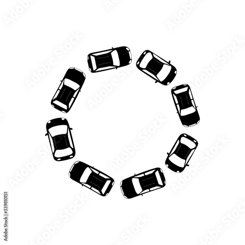 Round frame with cars driving and copy space inside. Top view on automobiles. Flat vector illustration for web design or print
