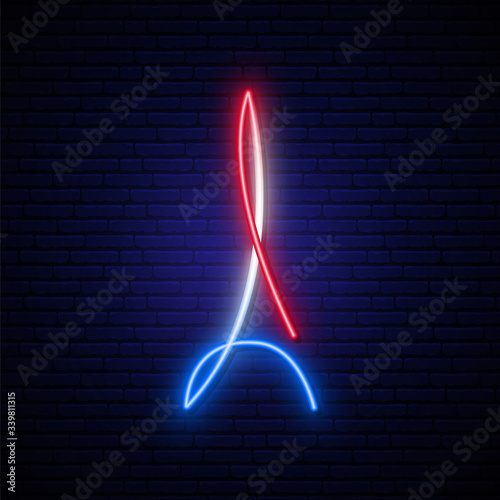 Eiffel tower neon sign. Glowing neon Eiffel tower on dark brick wall background. Vector illustration.