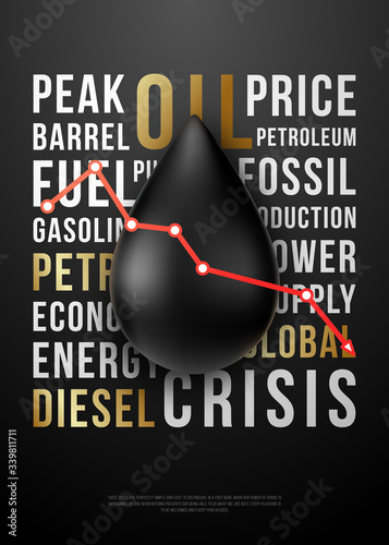 Concept Oil crisis design. Realistic shiny black drop on dark background with words Oil, Price, Crisis, Energy, etc. Stock vector illustration.