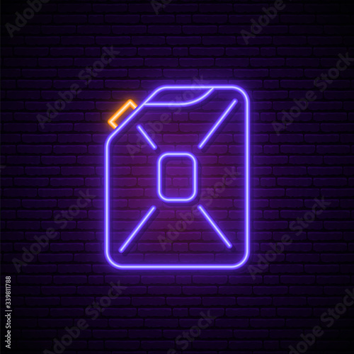 Gas can neon sign. Glowing gas can symbol on dark brick wall background. Stock vector Illustration.