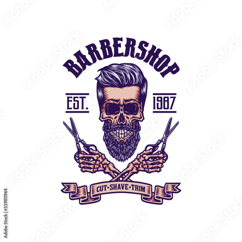 Vintage bearded barber skull, hand drawn line with digital color, vector illustration