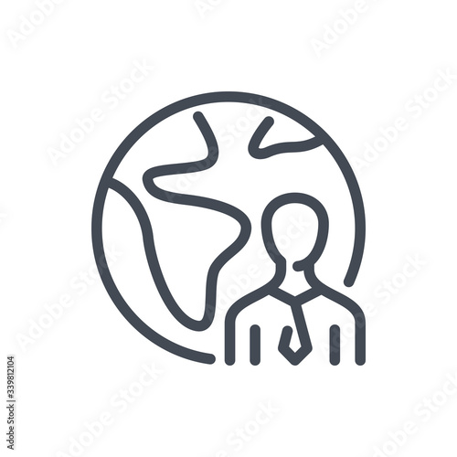 International employee line icon. Person with planer earth vector outline sign.