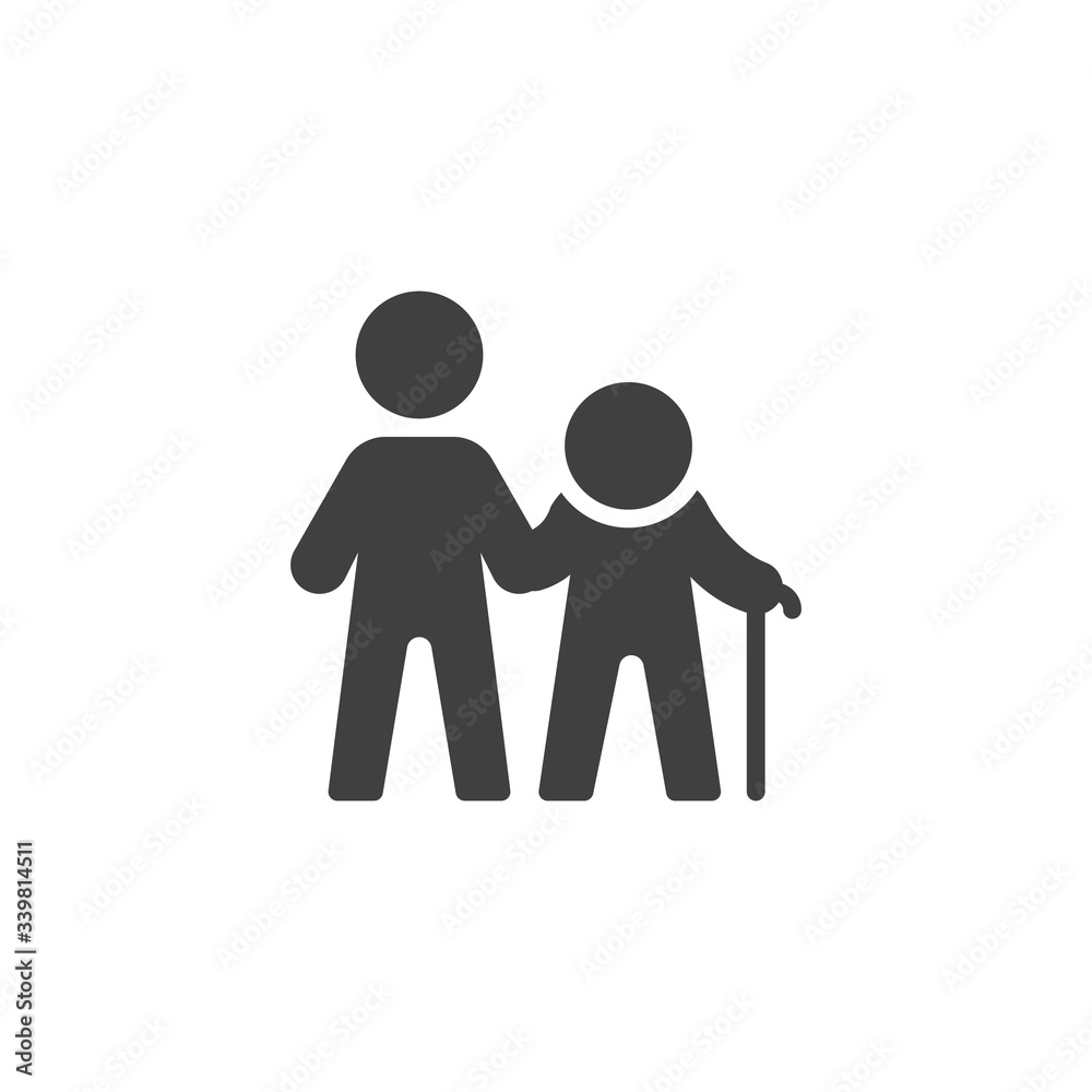 Volunteering vector icon. filled flat sign for mobile concept and web design. Man helps a disabled person glyph icon. Symbol, logo illustration. Vector graphics