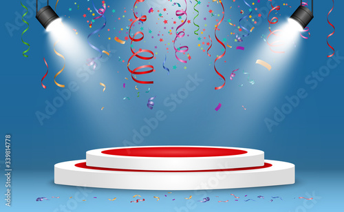 Winner background with signs of first, second and third place on a round pedestal. Vector winner podium sports symbols.
