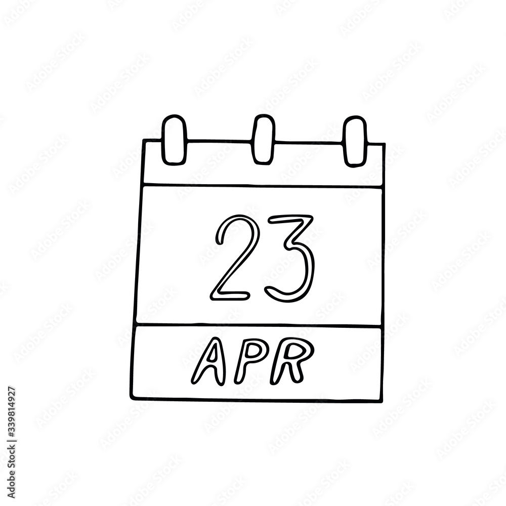 calendar hand drawn in doodle style. April 23. World Book and Copyright Day, English Language, date. icon, sticker, element