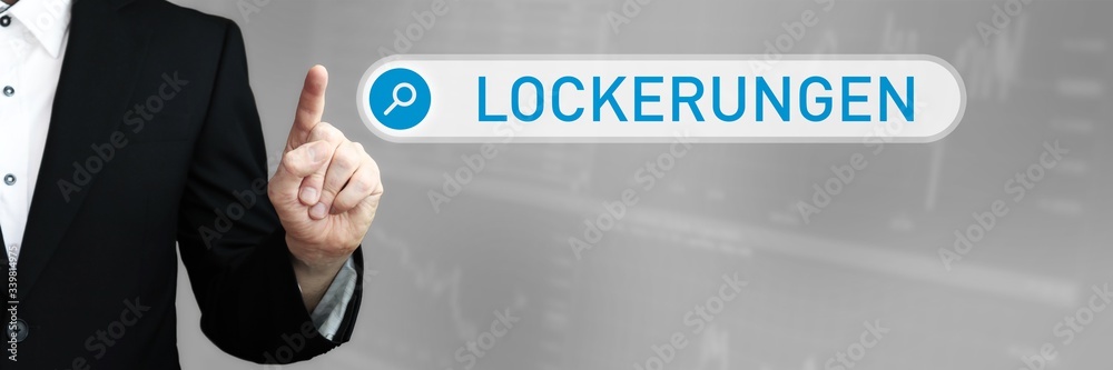 Lockerungen. Mann im Anzug zeigt mit dem Finger auf ein Suchfeld. Der Begriff Lockerungen steht in der Suche. Symbol für Business, Finanzen, Statistik, Analyse, Wirtschaft Lockerungen. Mann im Anzug zeigt mit dem Finger auf ein Suchfeld. Der Begriff Lockerungen steht in der Suche. Symbol für Business, Finanzen, Statistik, Analyse, Wirtschaft