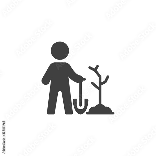 Volunteer planting tree vector icon. filled flat sign for mobile concept and web design. Gardener with shovel and tree glyph icon. Symbol, logo illustration. Vector graphics