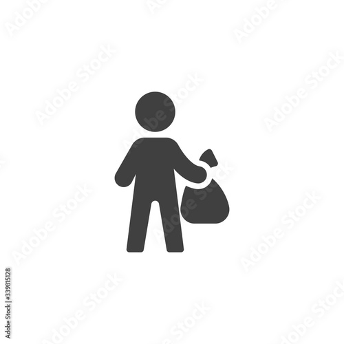Man Holding garbage bag vector icon. filled flat sign for mobile concept and web design. Man with trash bag glyph icon. Symbol, logo illustration. Vector graphics