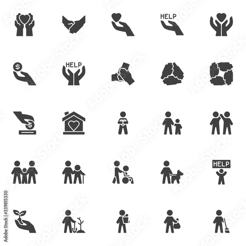 Volunteering vector icons set, modern solid symbol collection, Volunteer Assistant filled style pictogram pack. Signs, logo illustration. Set includes icons disabled caregiver, charity, money donation