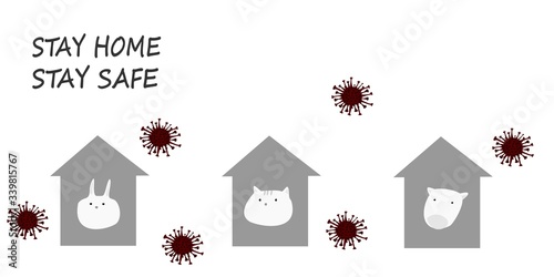 Rabbit, dog and cat with house icon and there are corona viruses around.white background,vector illustration,covid-19,pets.