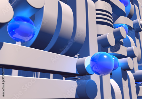 Fototapeta Naklejka Na Ścianę i Meble -  White industrial or technology abstraction with shiny blue balls and connection pipes. 3D illustration