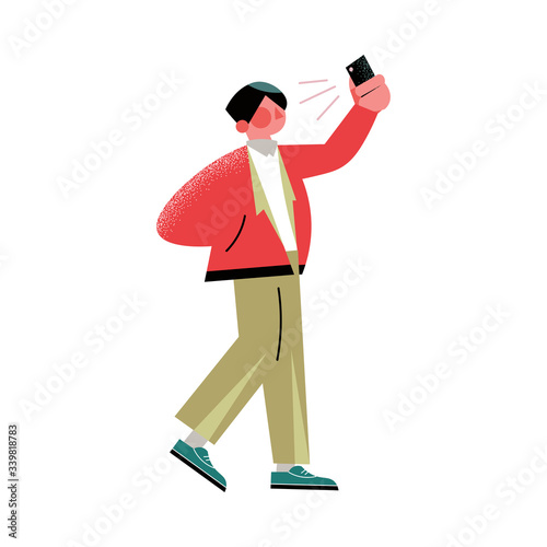 Hand drawn young stylish man walking and making selfie vector illustration