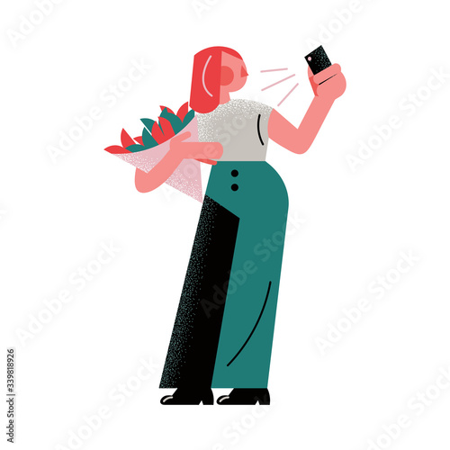 Hand drawn young woman with flowers making selfie on smartphone vector illustration