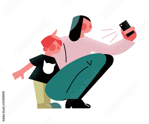 Mother with child sitting and making selfie picture on smartphone vector illustration