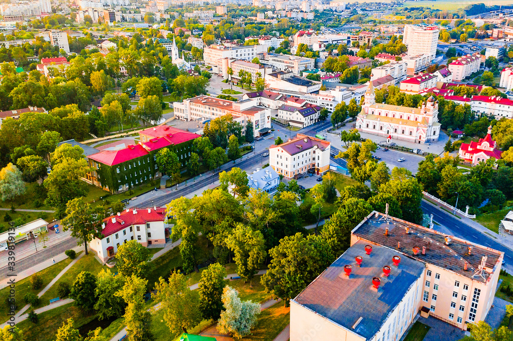 Grodno view of Ozheshko street, Yanka Kupala University, Holy Protection Cathedral in Grodno. Aerial landscape