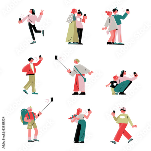 Hand drawn young people making selfie on smartphone vector illustration