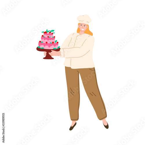 Young woman confectioner holding holiday cake vector illustration