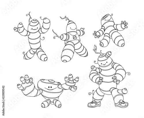 set of cute turmeric & ginger root, culinary spice for cooking, funny character, comic monster, vector illustration with black contour lines isolated on white background in cartoon & hand drawn style