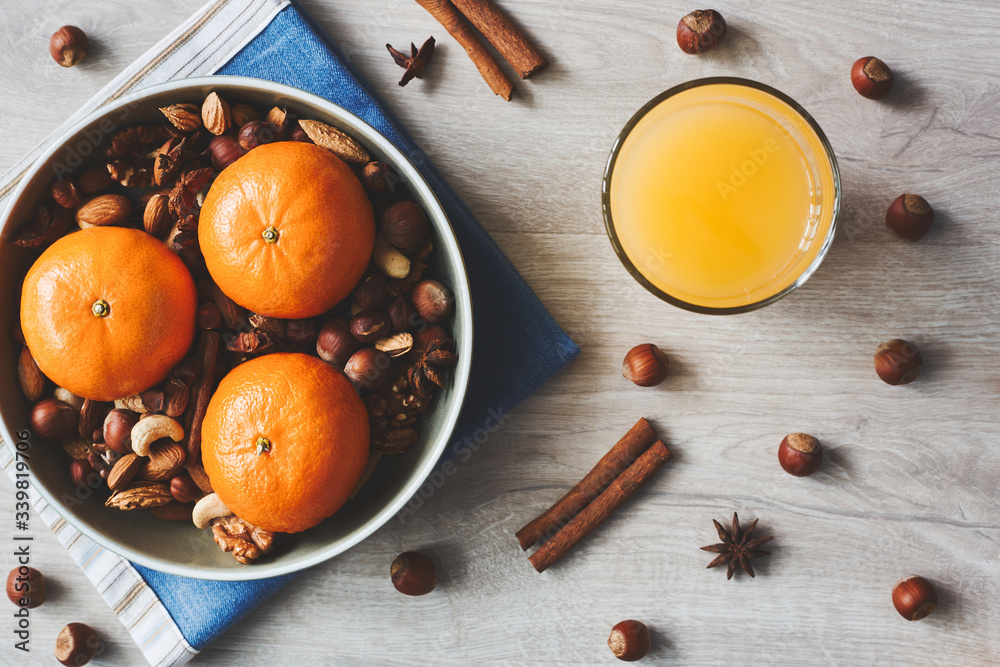 Healthy breakfast. Concept - food photography background, wooden table background, oranges citrus nuts breakfast diet natural ecologic Healthy breakfast. Concept - food photography background, wooden table background, oranges citrus nuts breakfast diet natural ecologic