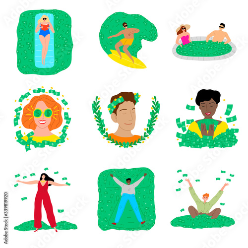 Set of people living luxury life full of money vector illustration