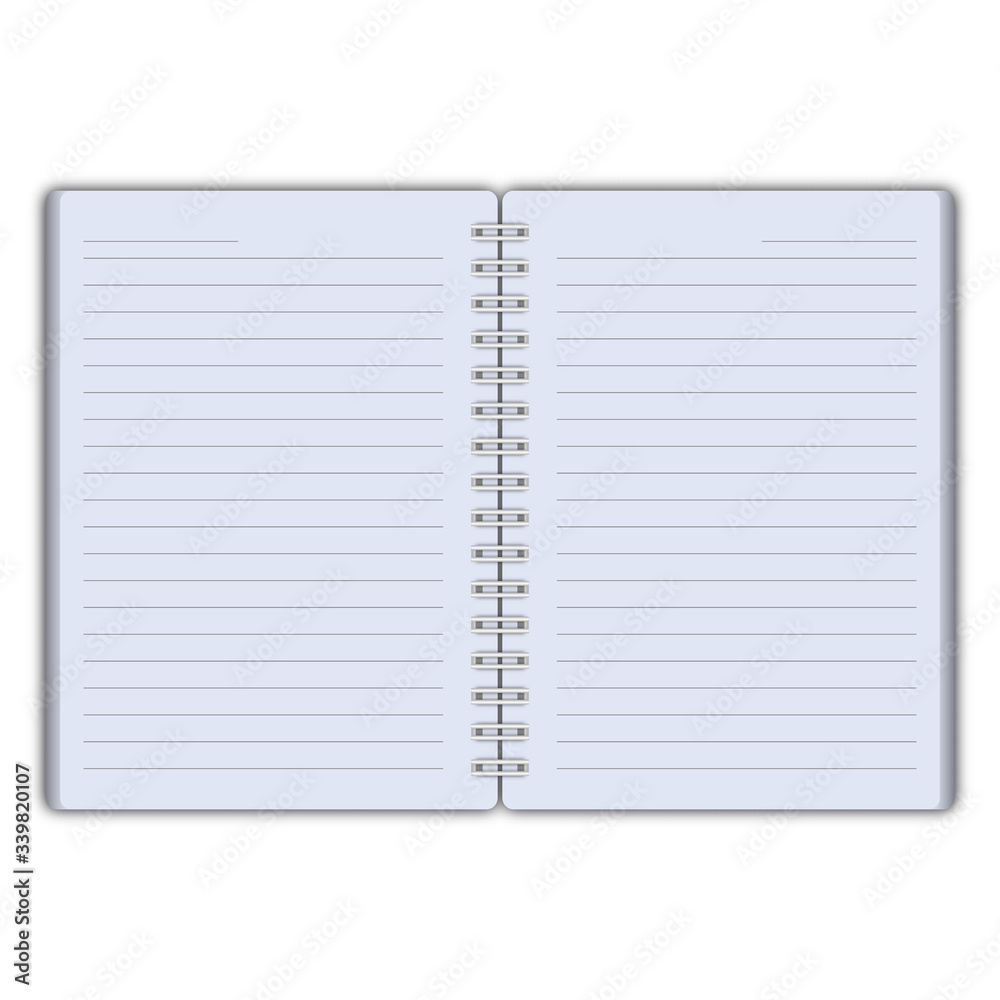 Vector realistic opened notebook. Vector copybook with metallic silver spiral. Template (mock up) of organizer or diary isolated. Vector illustration isolated on white background. Vector realistic opened notebook. Vector copybook with metallic silver spiral. Template (mock up) of organizer or diary isolated. Vector illustration isolated on white background.