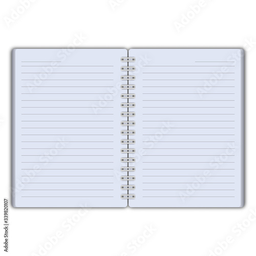 Vector realistic opened notebook. Vector copybook with metallic silver spiral. Template (mock up) of organizer or diary isolated. Vector illustration isolated on white background.