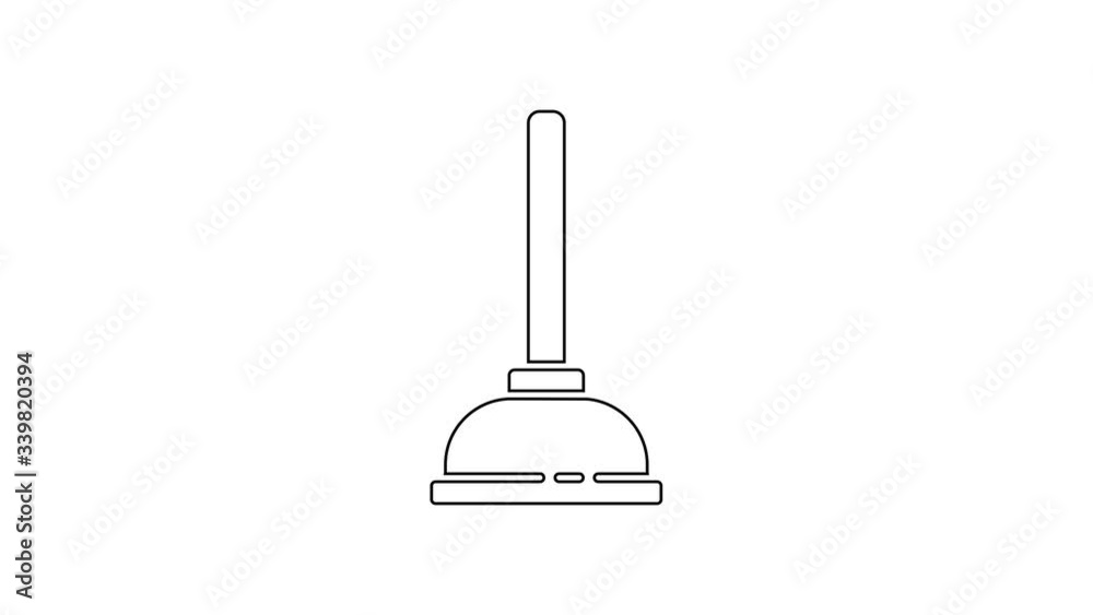 Black line Rubber plunger with wooden handle for pipe cleaning icon isolated on white background. Toilet plunger. 4K Video motion graphic animation Black line Rubber plunger with wooden handle for pipe cleaning icon isolated on white background. Toilet plunger. 4K Video motion graphic animation