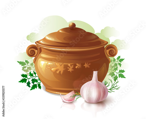 Beautiful realistic brown ceramic pot with garlic and herbs on a white background. Vector illustration.